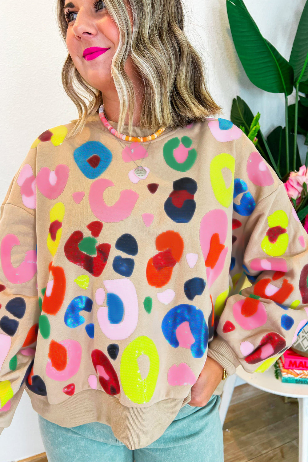 Khaki Multicolor Leopard Printed Drop Shoulder Pullover Sweatshirt 🇺🇸