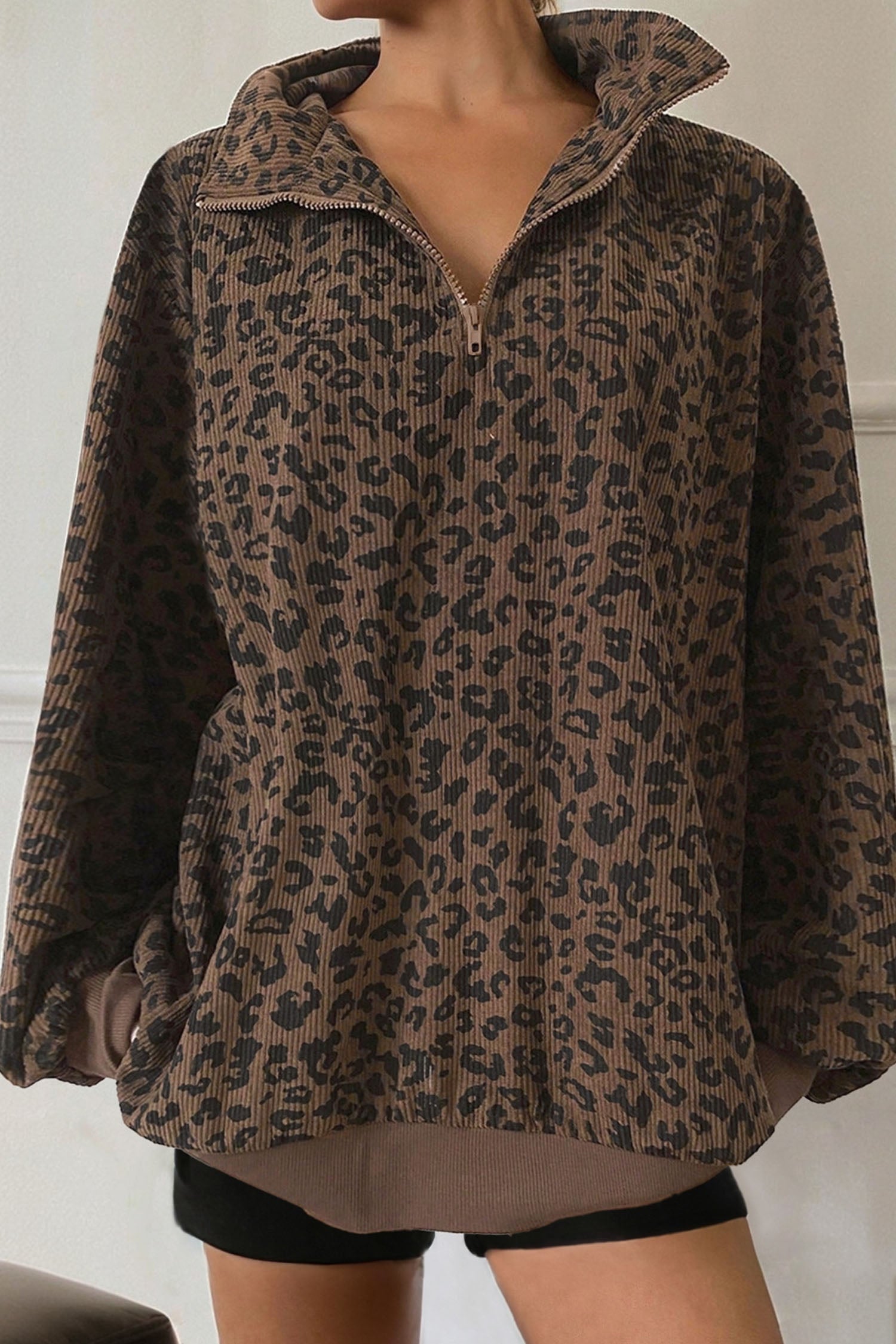 Brown Leopard Print Quarter Zip Corduroy Sweatshirt 🇺🇸