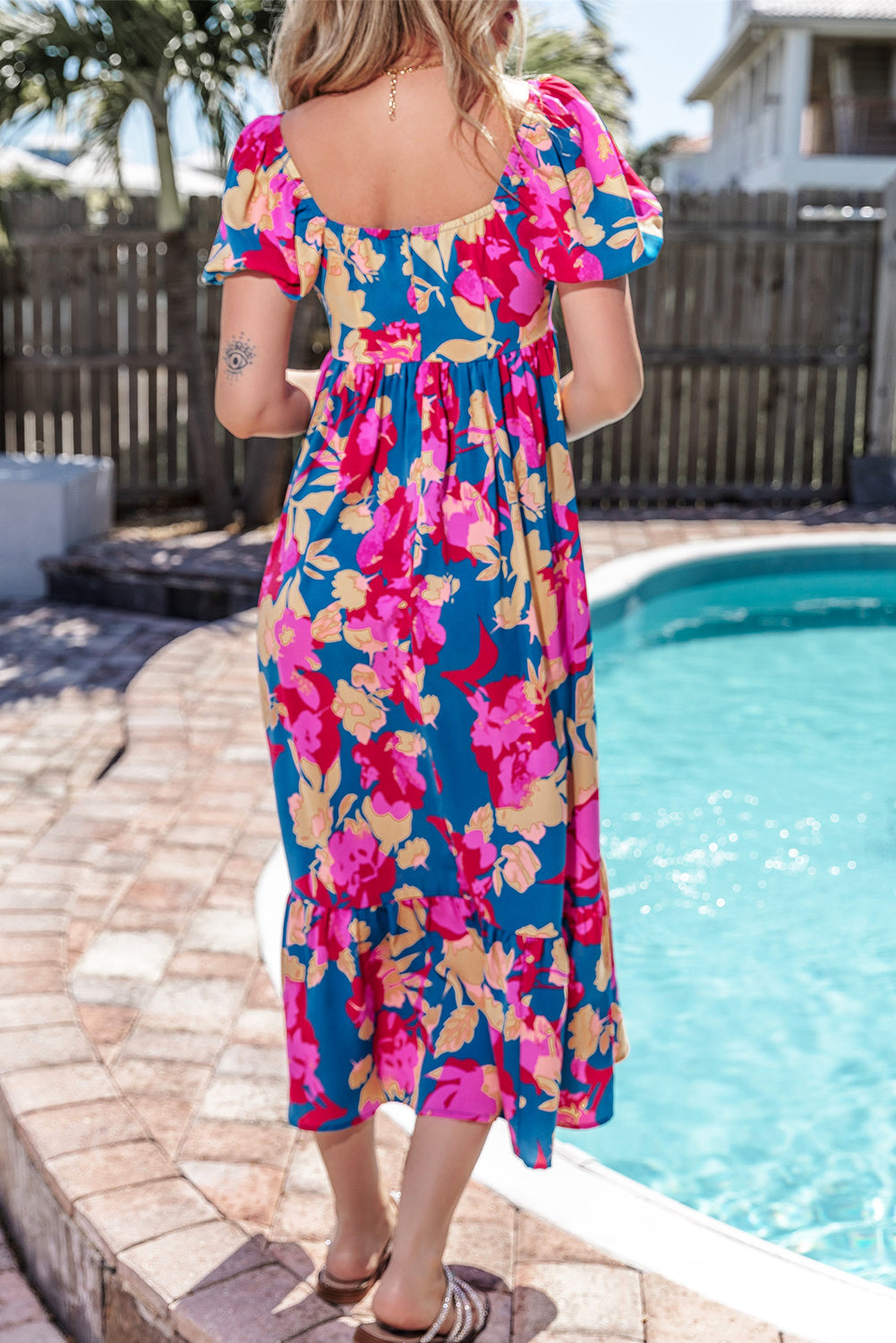 Dark Blue Square Neck Bubble Sleeve Ruffled Floral Dress 🇺🇸