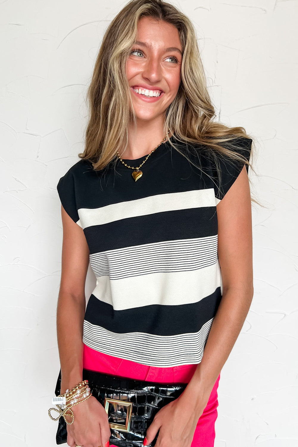 Black Stripe Mixed Print Crew Neck Cap Sleeve T Shirt 🇺🇸