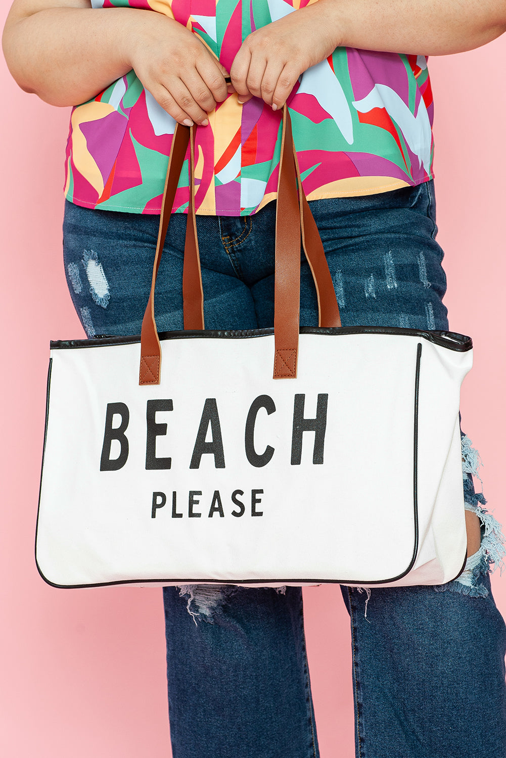 White BEACH PLEASE Print Large Canvas Tote Bag 🇨🇳