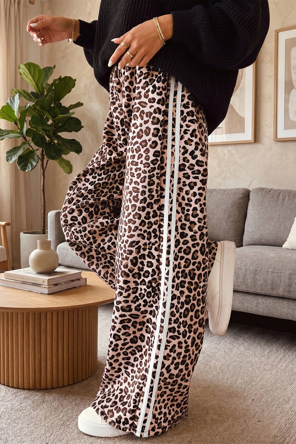 Beige Leopard Print Side Striped Detail Casual Wide Leg Pants 🇺🇸
