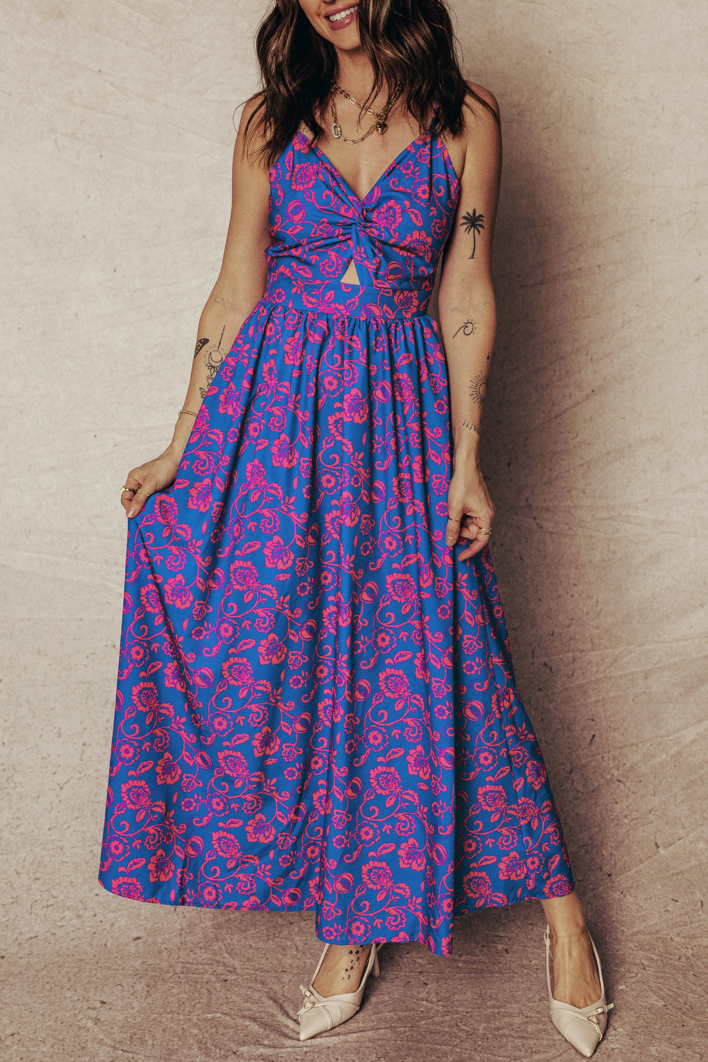 Blue Floral Print Twisted V Neck Tied Backless Maxi Dress 🇺🇸