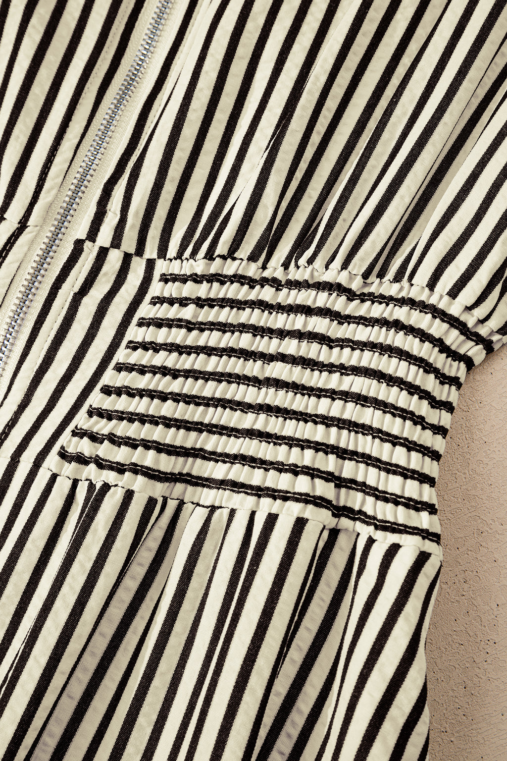Black Stripe V Neck Zip Front Cinched High Waist Midi Dress 🇺🇸