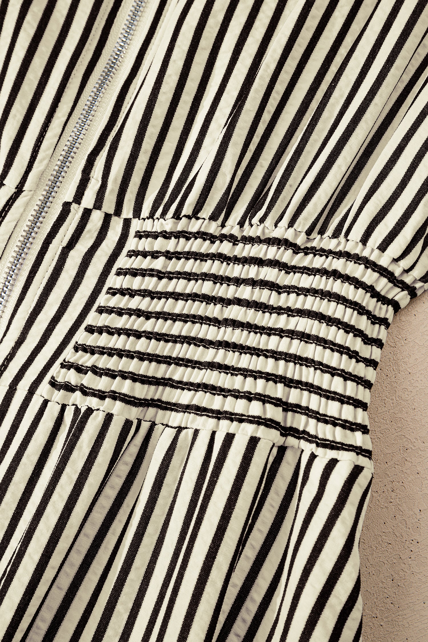 Black Stripe V Neck Zip Front Cinched High Waist Midi Dress 🇺🇸