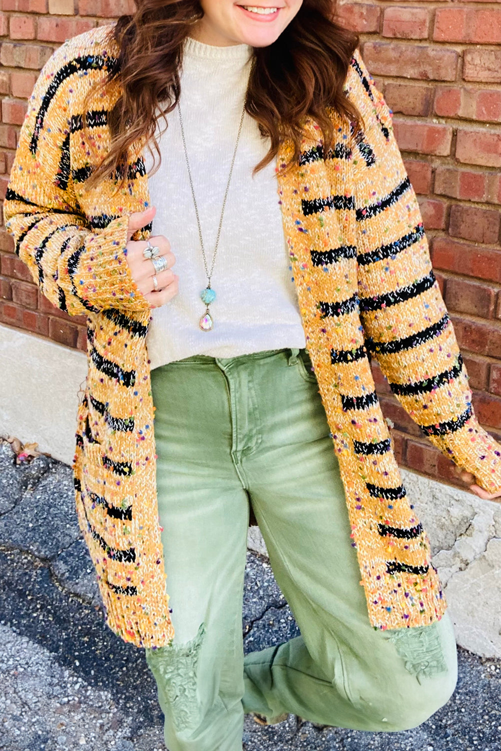 Beige Striped Pom Pom Knit Open Front Long Cardigan 🇨🇳