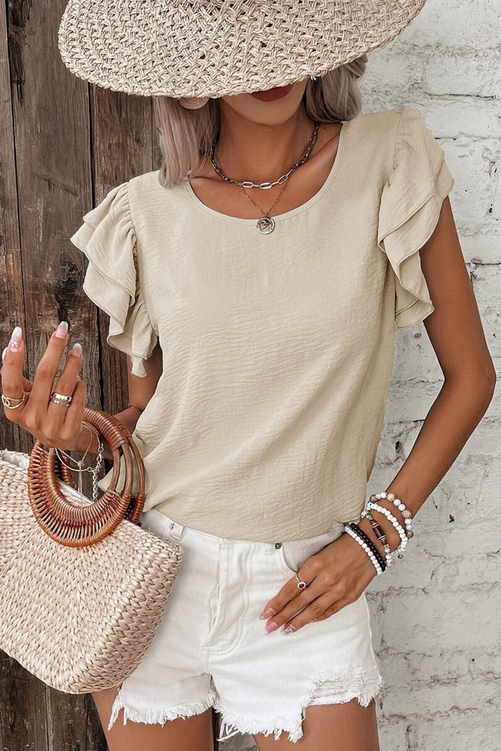Beige Solid Color Ruffled Short Sleeve Casual Blouse 🇨🇳