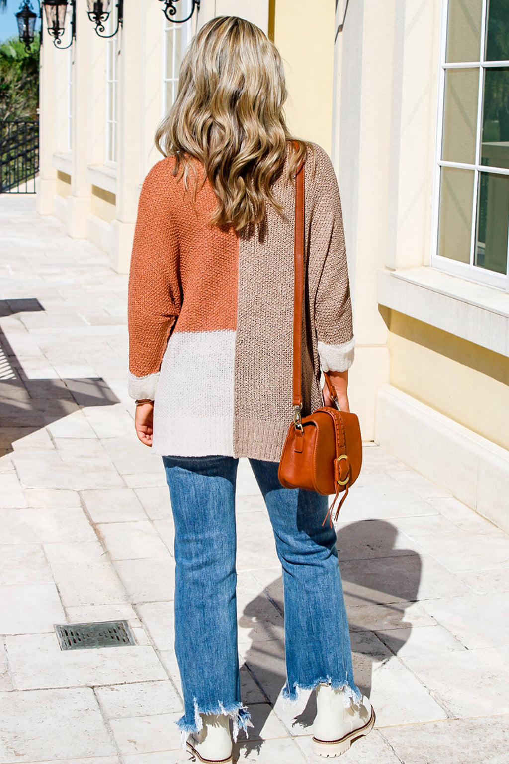 Chestnut Color Block Knit V Neck Loose Sweater 🇺🇸