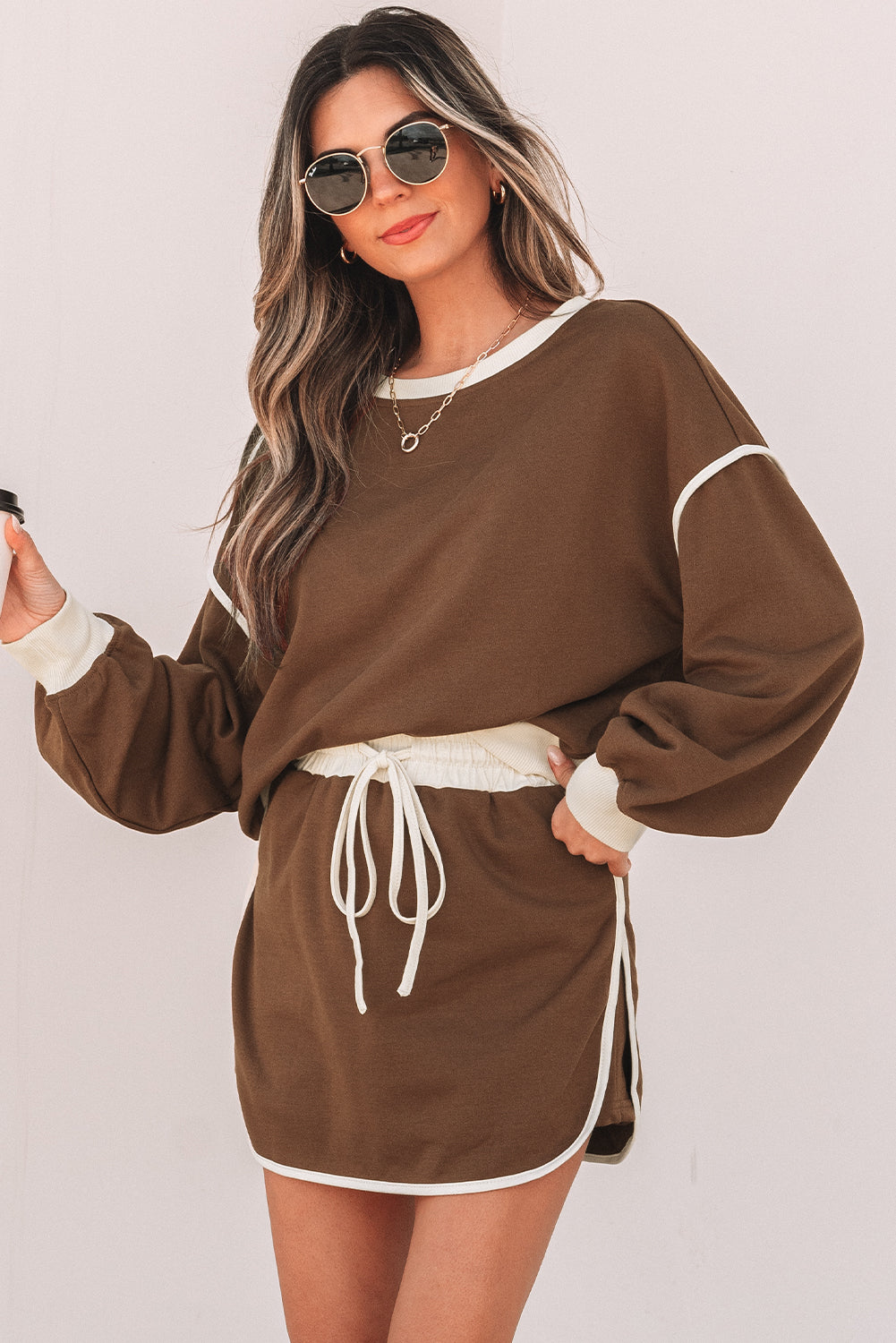 Coffee Color Contrast Loose Pullover and Lace-up Waist Skort Set 🇨🇳