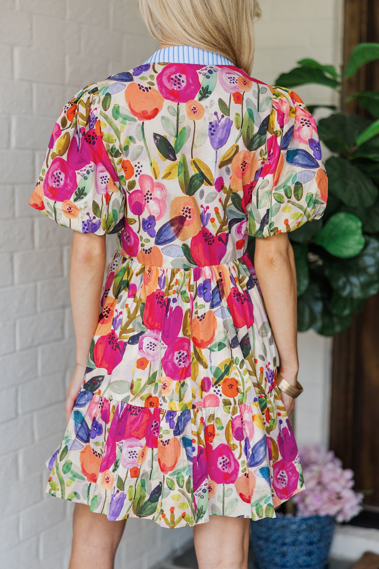 Rose Bright Floral Print Ricrac Trim Striped Patchwork V Neck Dress 🇺🇸