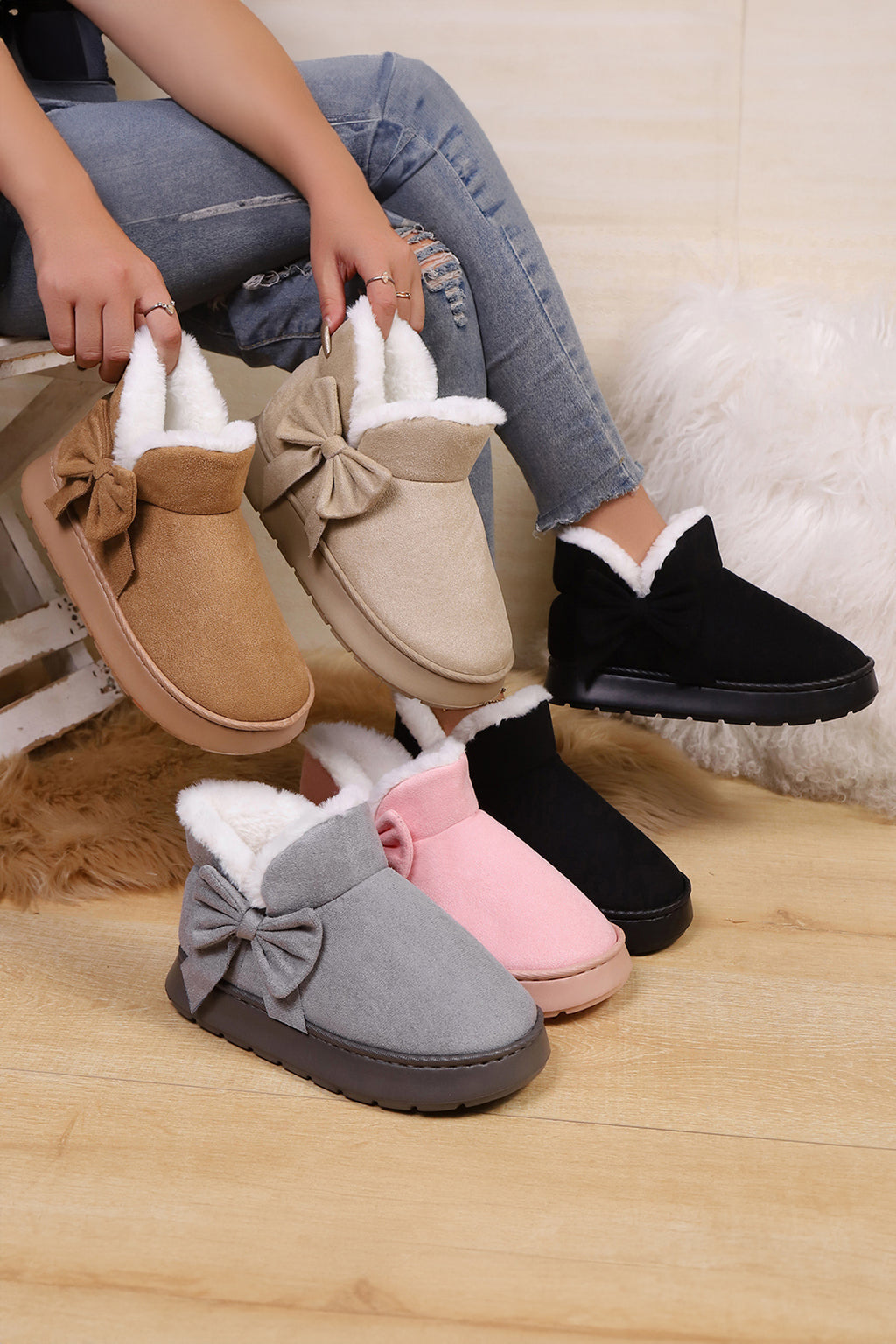 Brown Faux Suede Bow Decor Plush Lining Snow Booties 🇺🇸
