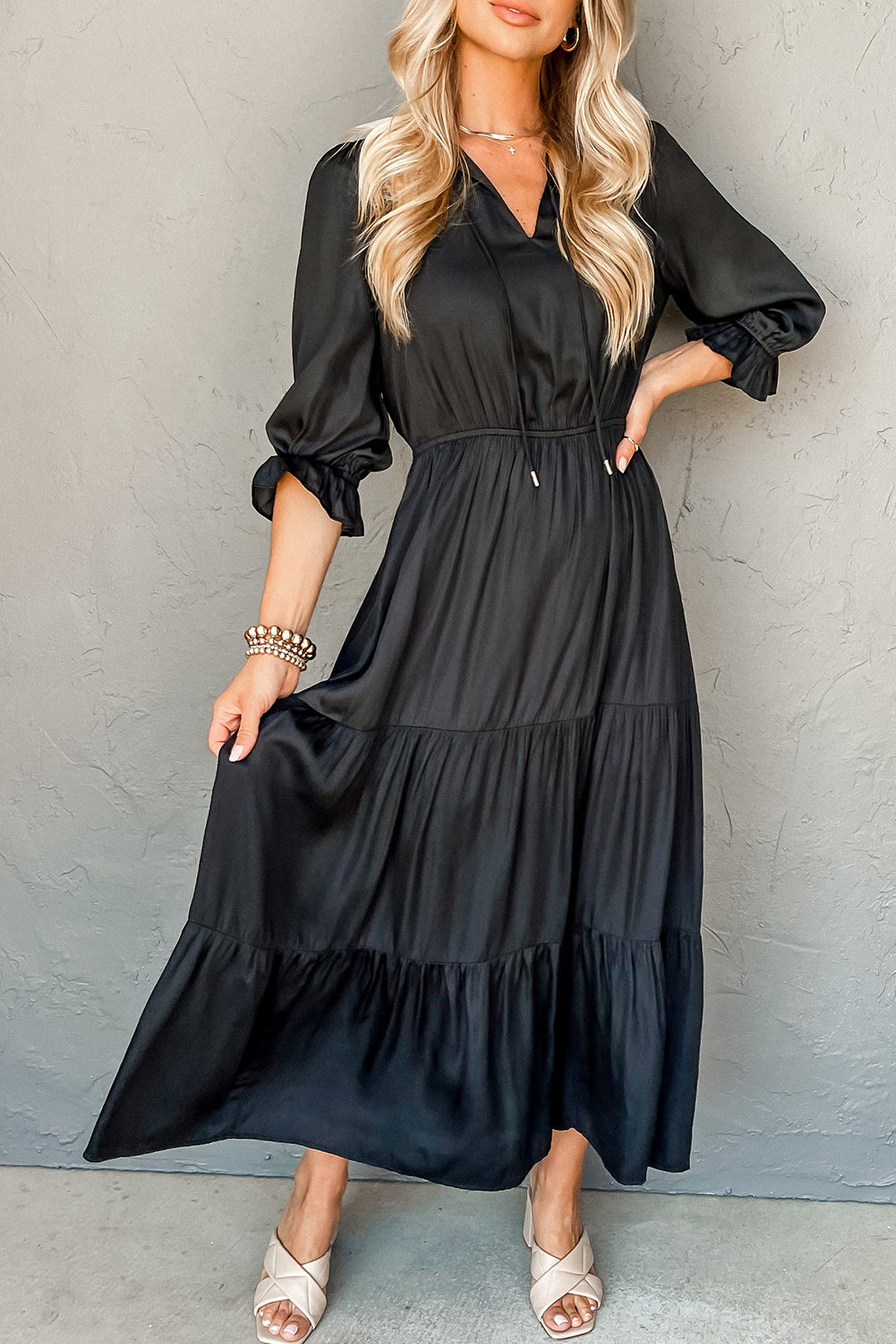 Black Flounced Bracelet Sleeve V Neck Tiered Maxi Dress 🇺🇸