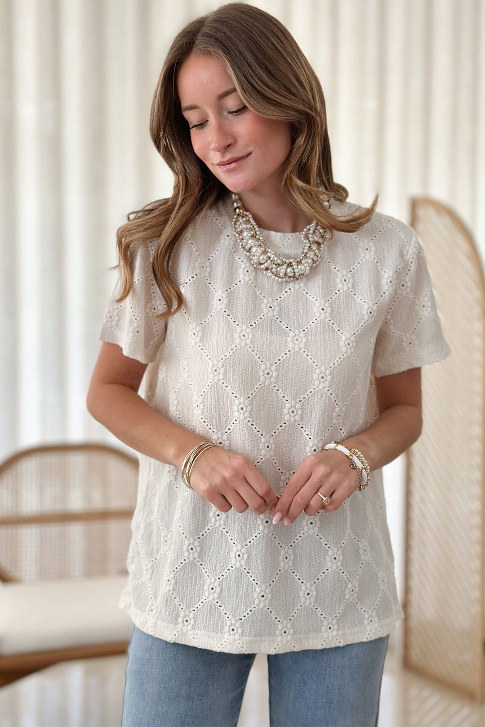 White Geometric Embroidered Slim Fit O Neck T Shirt 🇺🇲