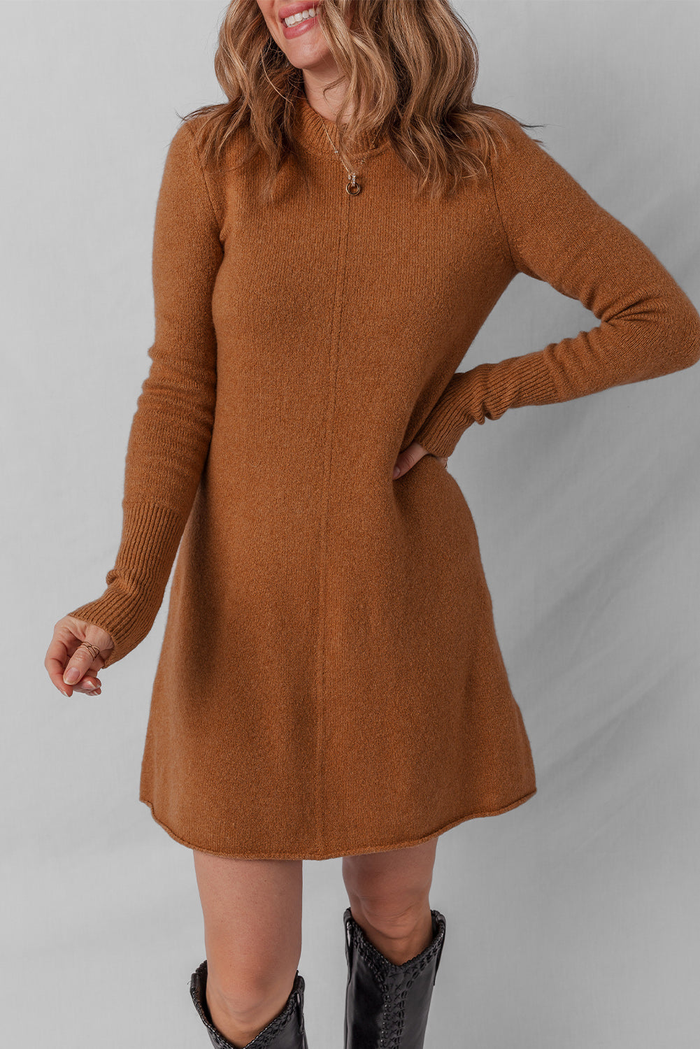 Straw Yellow Ribbed Detail Solid Color Mini Sweater Dress 🇺🇲