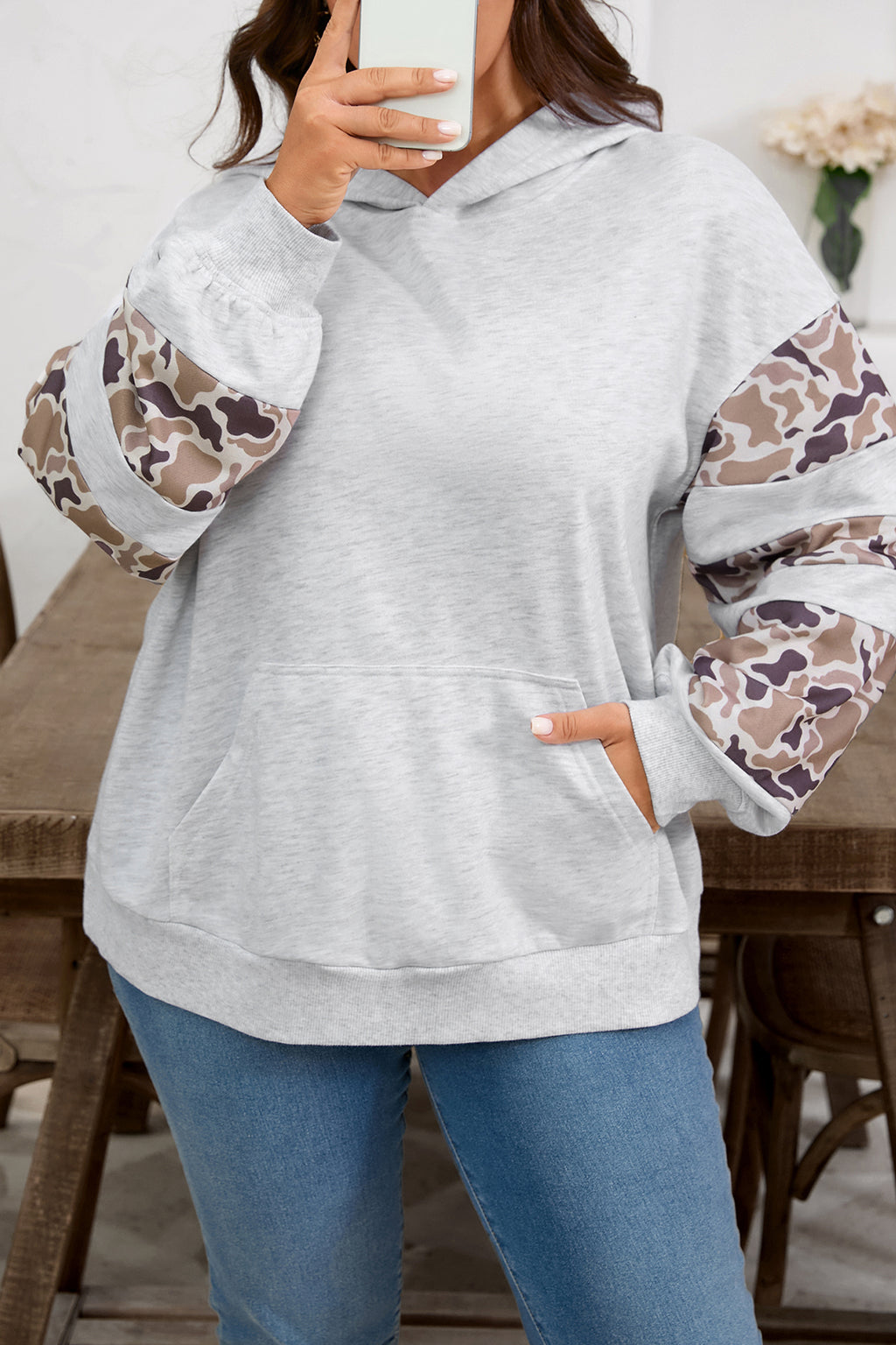 Light Grey Camouflage Patchwork Asymmetric Sleeve Plus Size Hoodie 🇺🇸