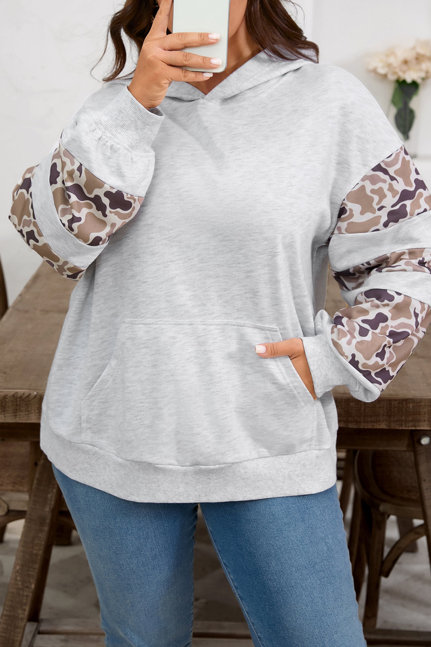 Light Grey Camouflage Patchwork Asymmetric Sleeve Plus Size Hoodie 🇺🇸
