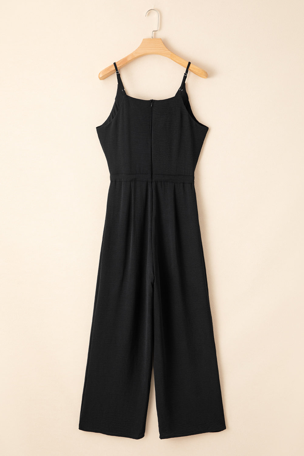 Black Solid Spaghetti Strap Wide Leg Drawstring High Waist Jumpsuit  🇺🇸