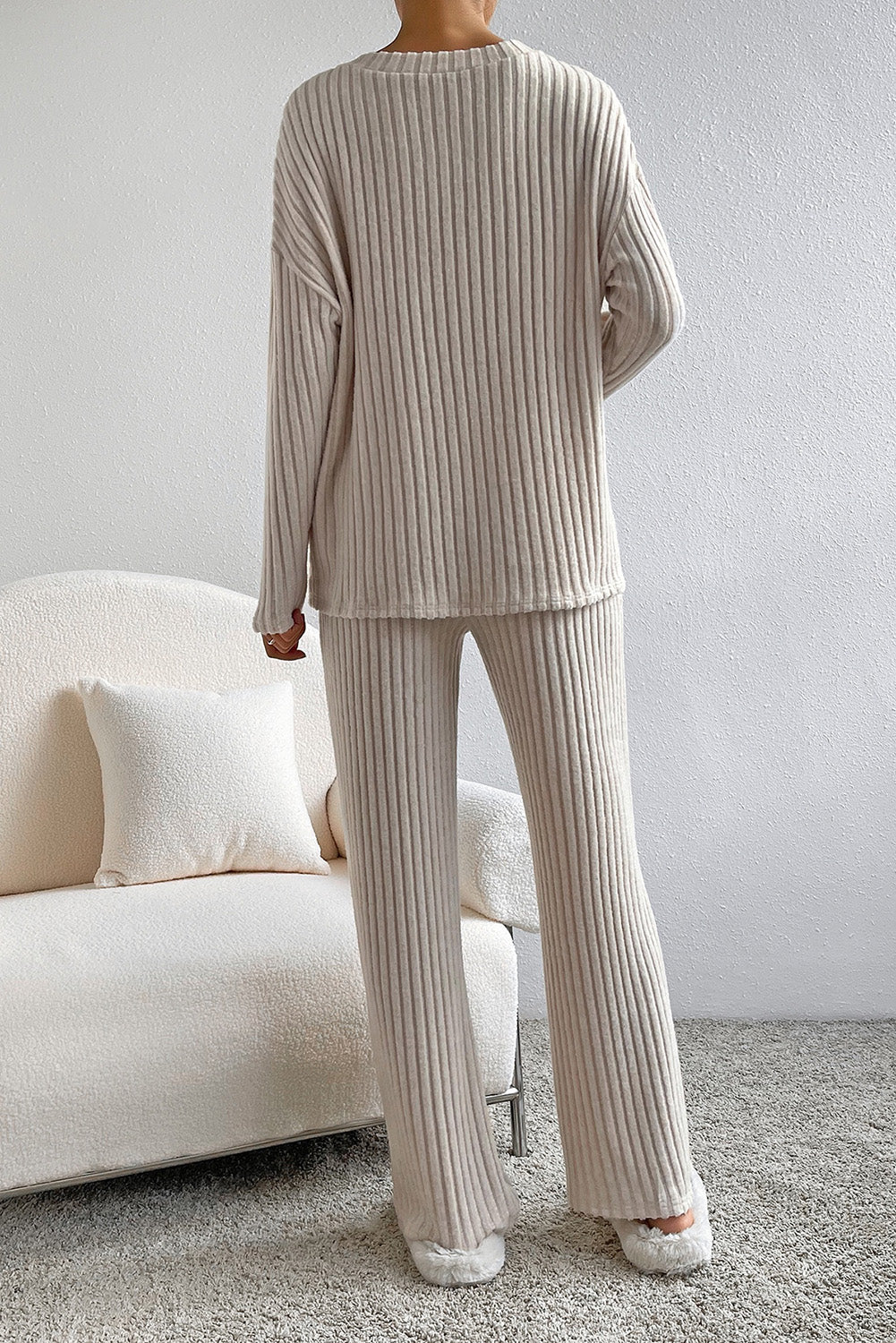 Khaki Ribbed Knit V Neck Slouchy Two-piece Outfit 🇨🇳