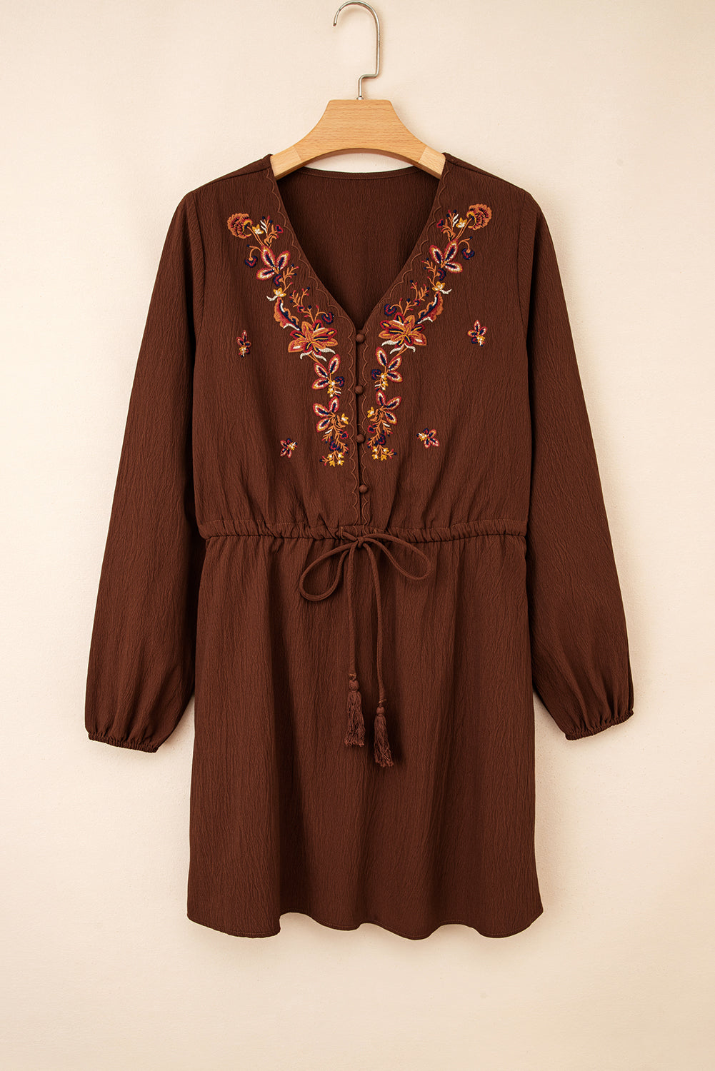 Burgundy Floral Embroidered Tassel Tie Waist Long Sleeve Mini Dress 🇺🇸