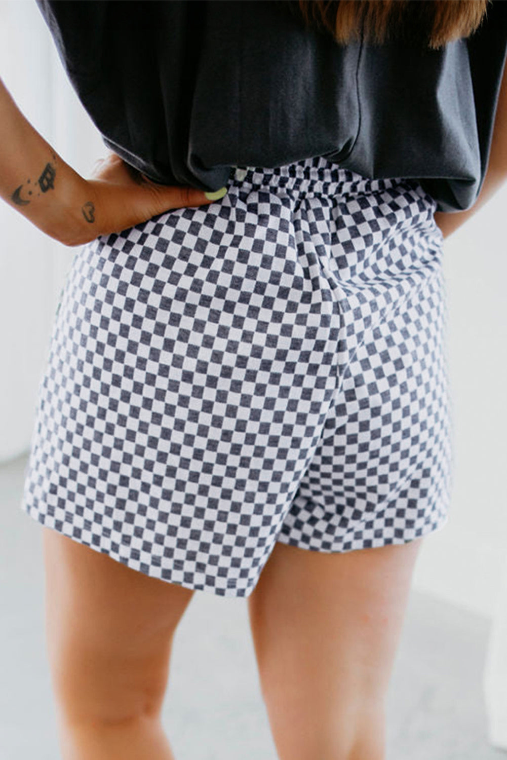 Gray Checkerboard Lace-Up High Waist Plus Size Casual Shorts 🇺🇲