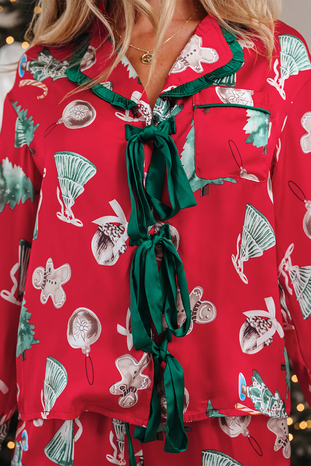 Red Christmas Fashion Print Contrast Ruffle Trim Ribbon Bow Knot 2pcs Pajama Set 🇺🇸