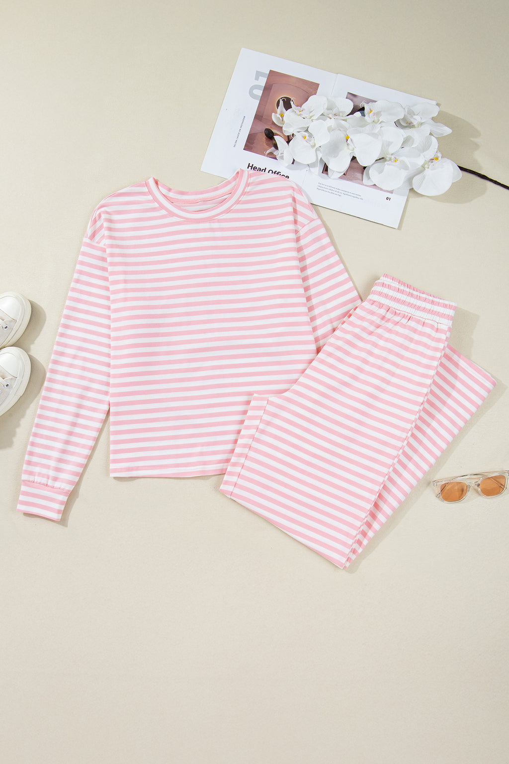 Pink Stripe Drop Shoulder Round Neck Top and Buttoned Straight Pants Two Piece Set 🇺🇸