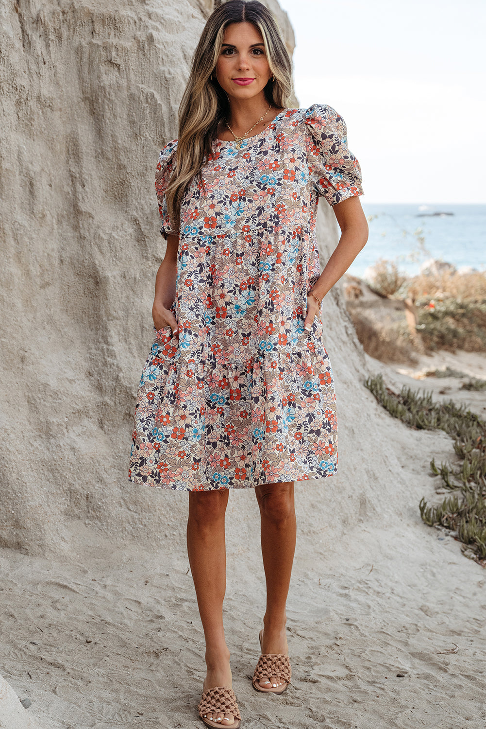 Apricot Bohemian Floral Print Short Puff Sleeve Mini Dress 🇺🇸