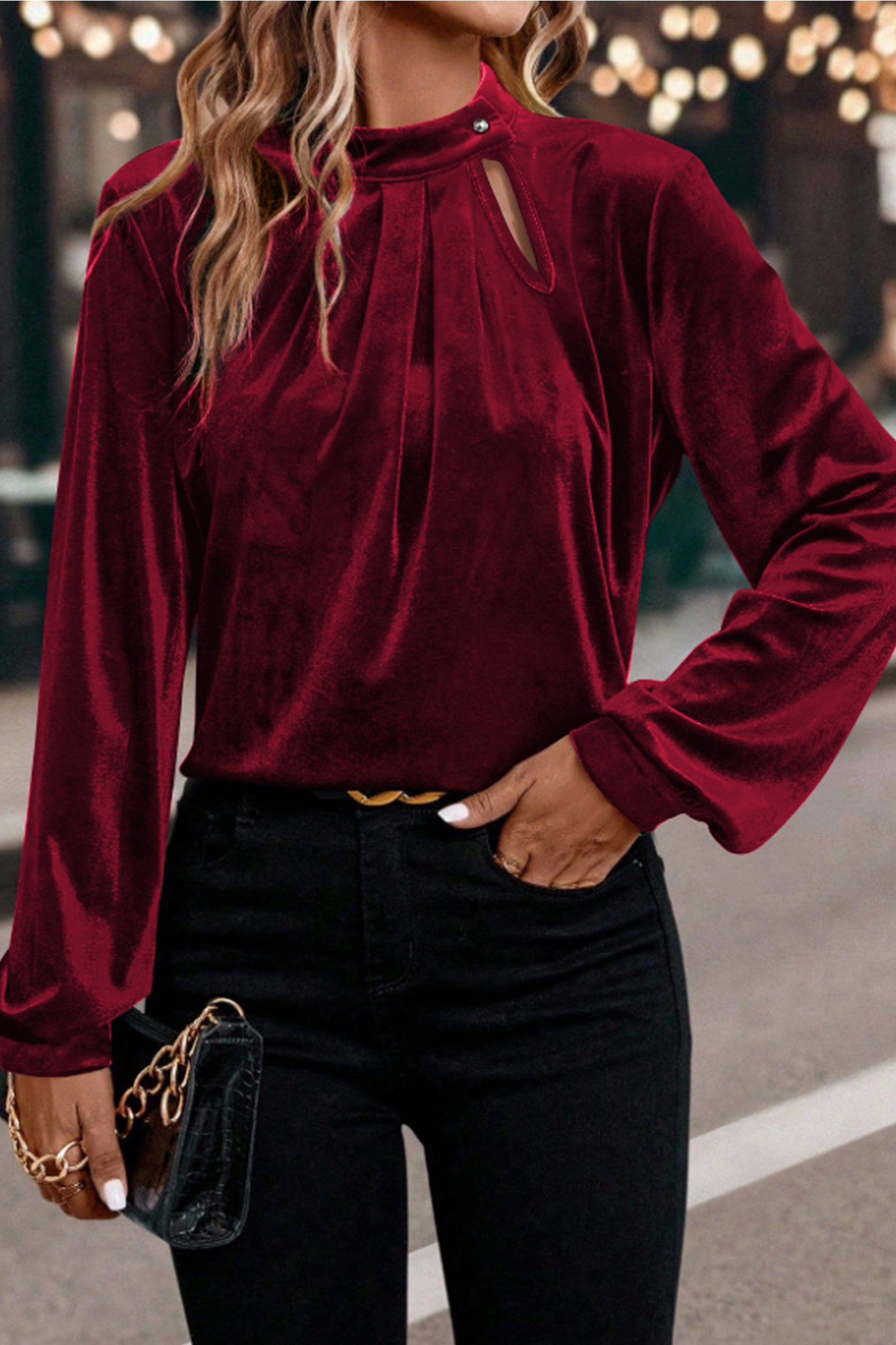 Red Dahlia Asymmetric Button Keyhole Neck Long Sleeve Velvet Blouse 🇺🇸