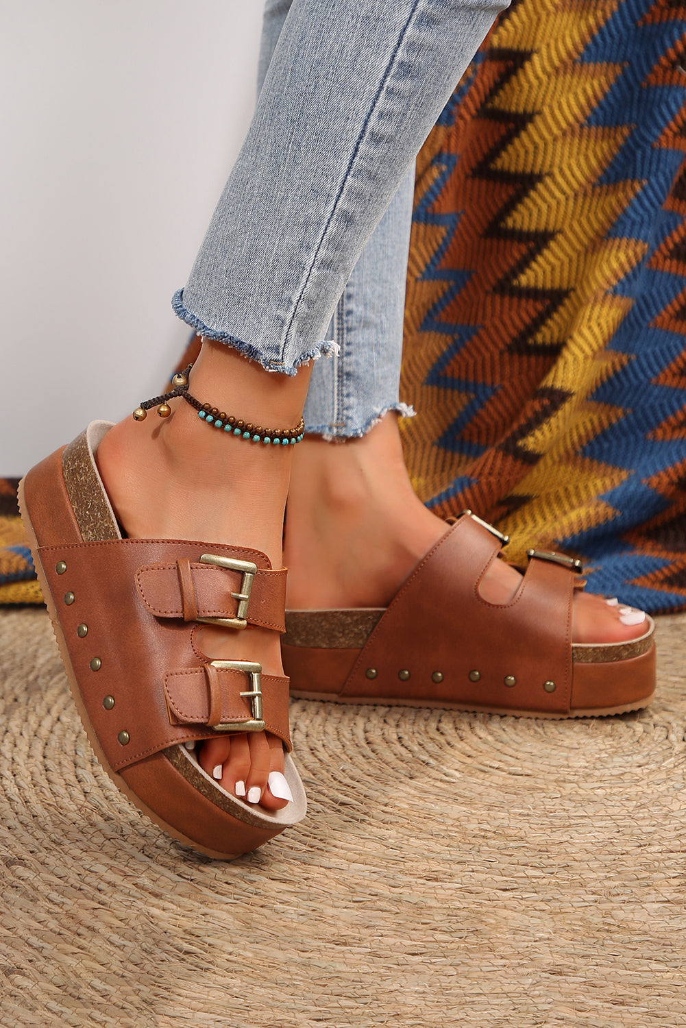 Chestnut Dual Buckle Studded Platform Sandal Slippers 🇨🇳