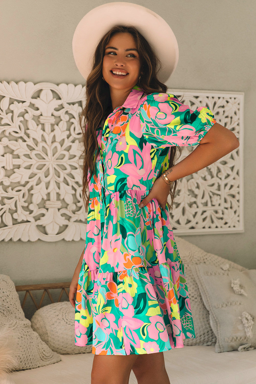 Green Floral Puff Sleeve Collar Buttoned Babydoll Dress 🇺🇸