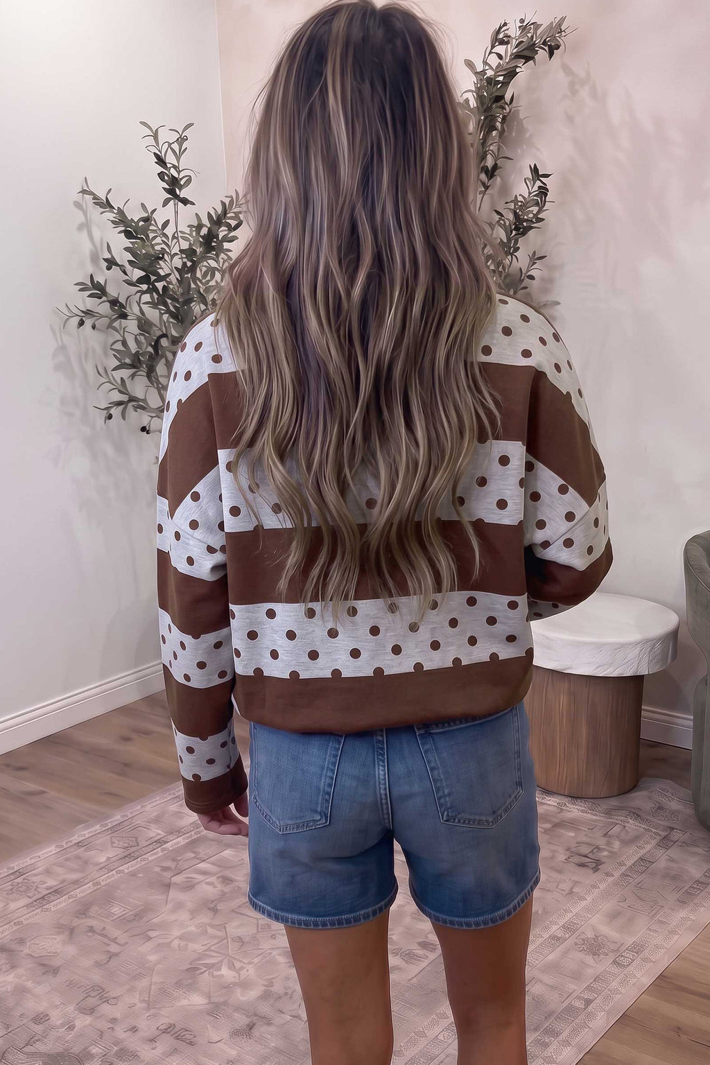 Pink Stripe Patchwork Polka Dot Accent Quarter Zip Long Sleeve Top 🇺🇸