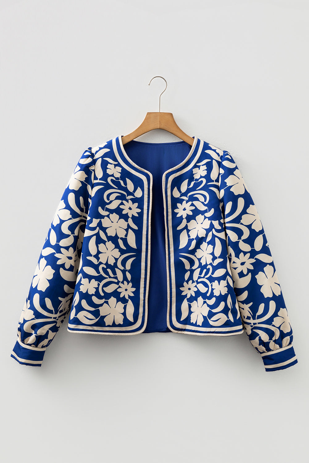 Blue Flower Print Open Front Buttoned Cuffs Elegant Jacket 🇺🇸