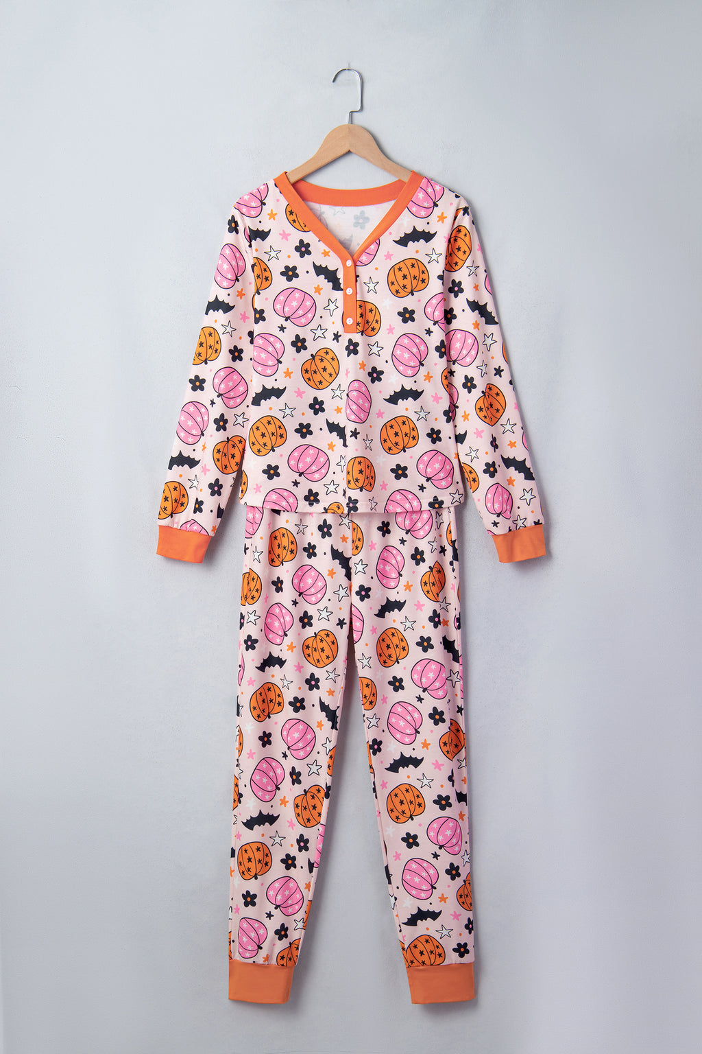 Pink Halloween Pumpkin Print Long Sleeve Home Wear Lounge Set 🇺🇸