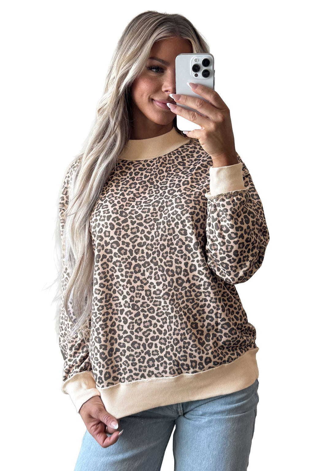 Multicolour Leopard Print High Neck Long Sleeve Ribbed Cuffs Hem Sweatshirt 🇺🇸
