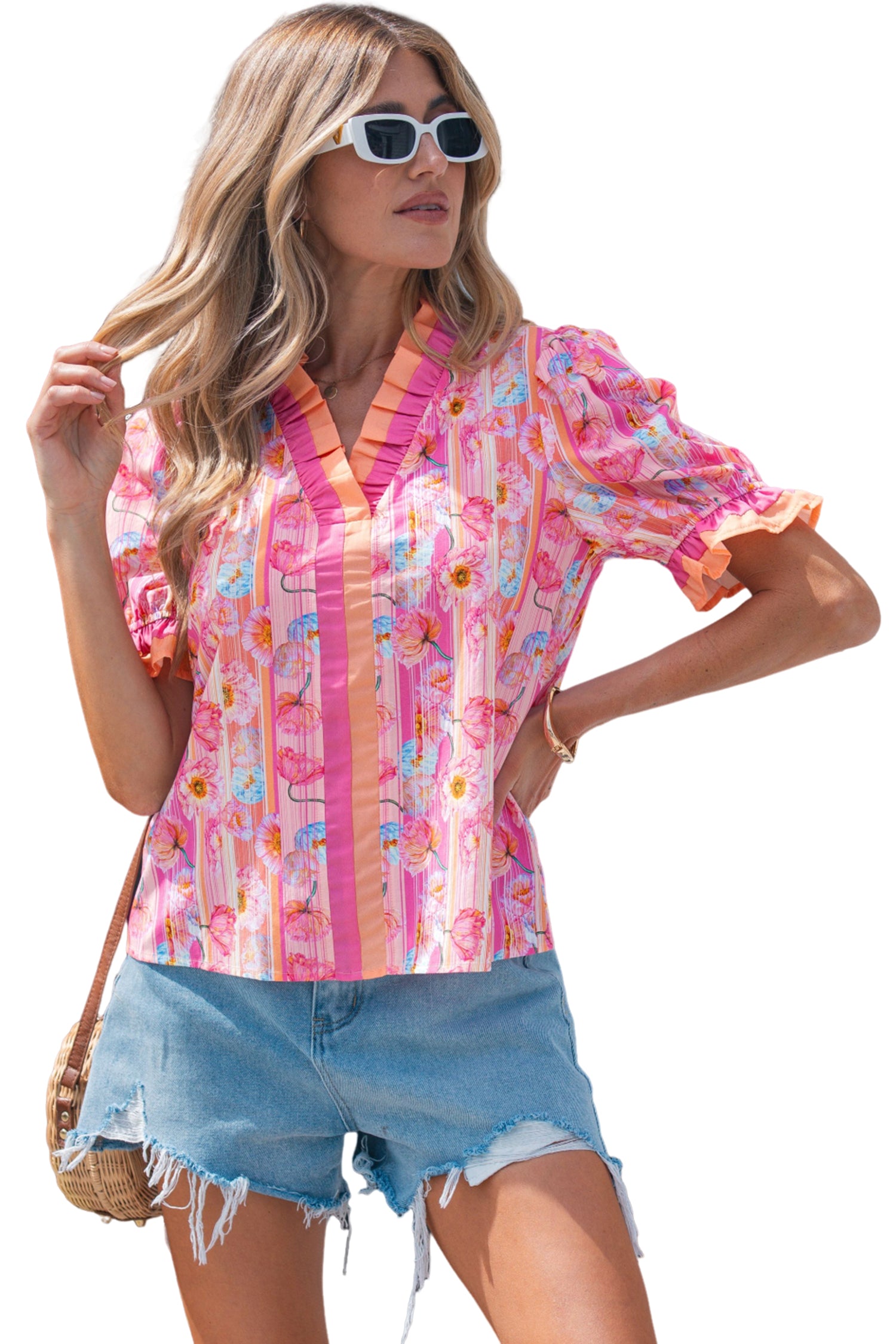 Pink Poppy Flower Striped Print Color Block Trim V Neck Short Sleeve Blouse 🇺🇸