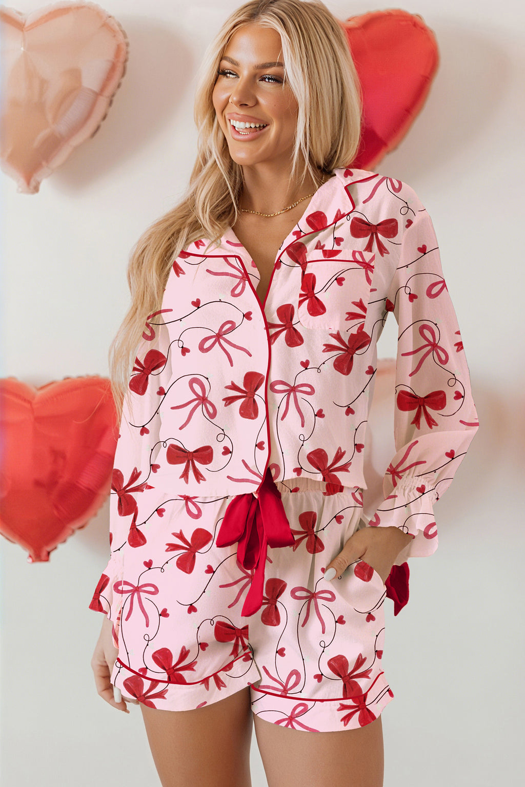 Red Bow Print Long Sleeve Shirt Shorts 2 Pcs Pajama Set 🇺🇸