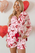 Red Bow Print Long Sleeve Shirt Shorts 2 Pcs Pajama Set 🇺🇸