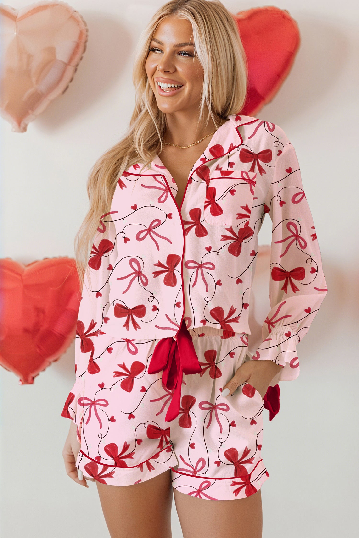 Red Bow Print Long Sleeve Shirt Shorts 2 Pcs Pajama Set 🇺🇸