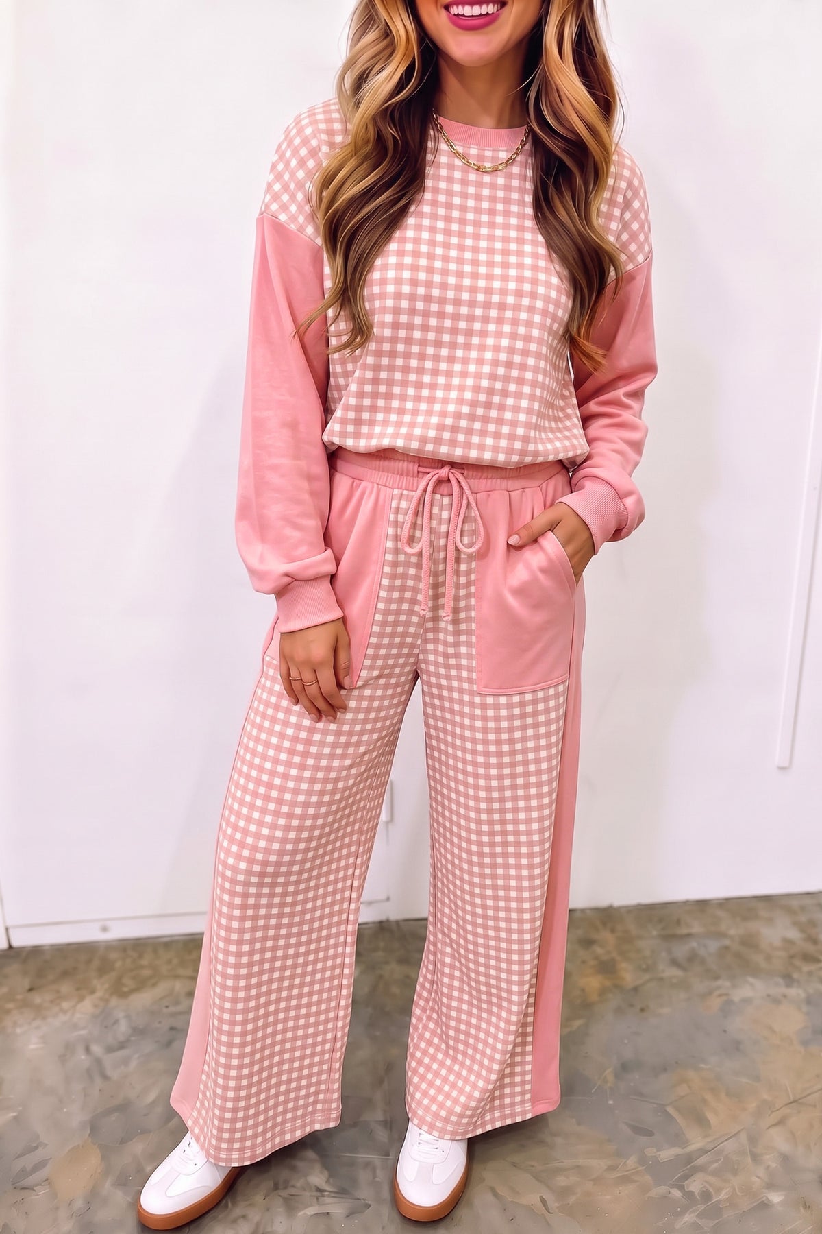 Khaki Color Block Plaid Patchwork Long Sleeve Pullover Wide Leg Pant Set 🇺🇸