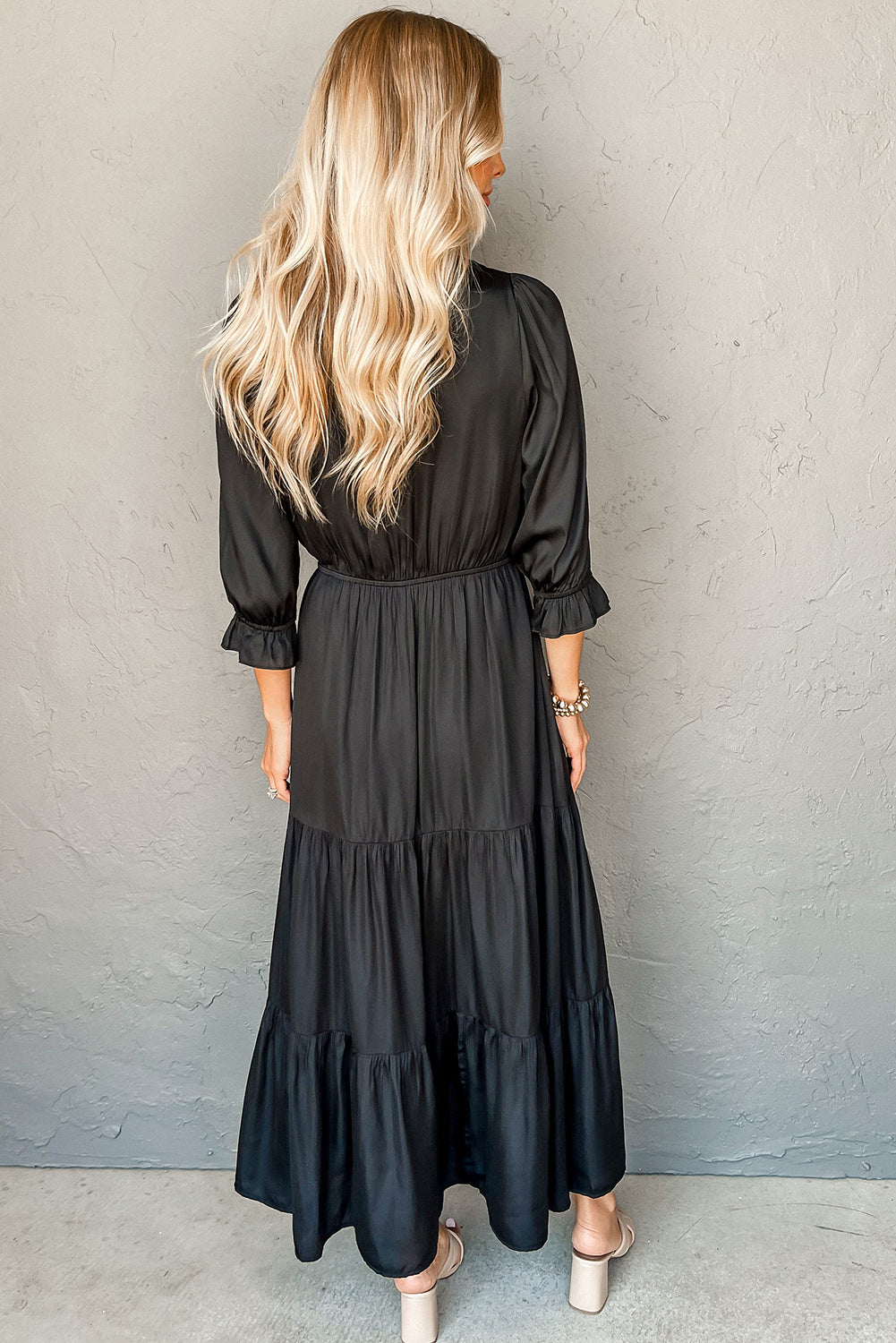 Black Flounced Bracelet Sleeve V Neck Tiered Maxi Dress 🇺🇸