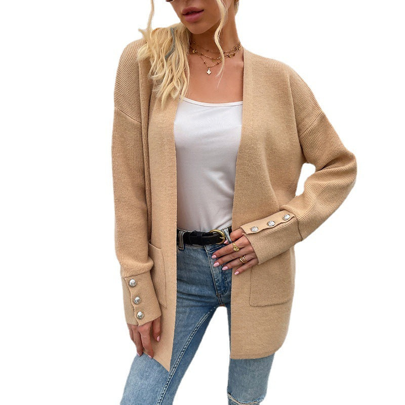 Sweater Women's Solid Color Casual Mid-length Knitted Cardigan 🇨🇳