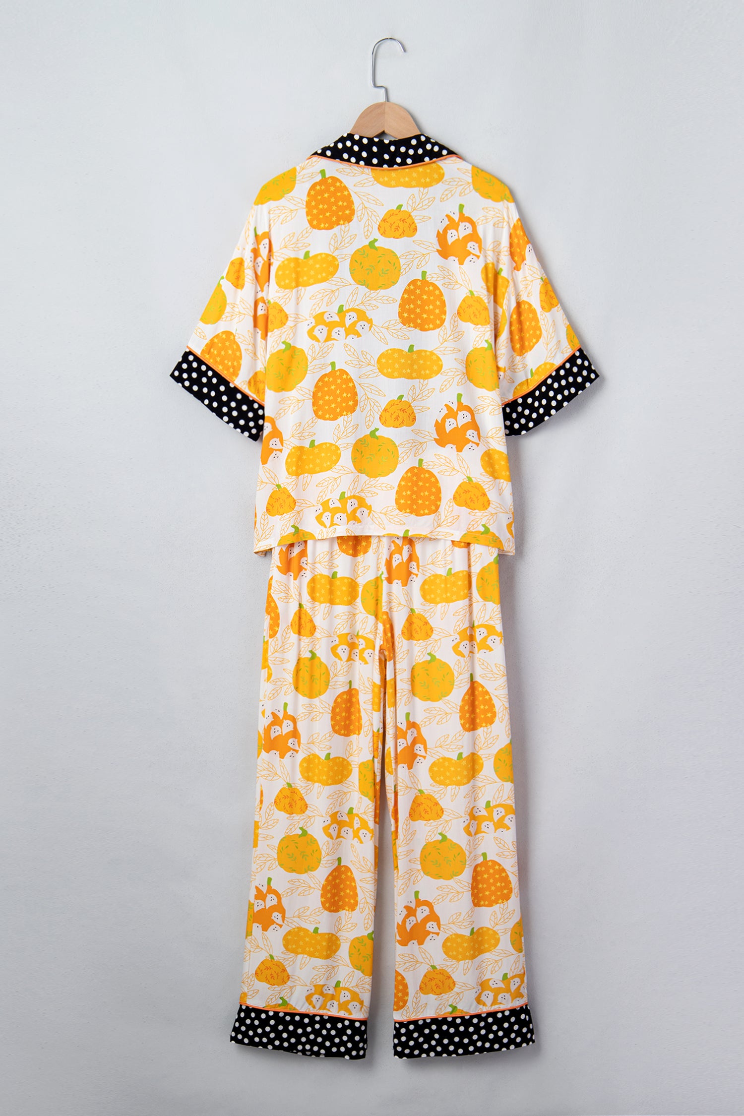 Orange Short Sleeve Pumpkin Print Polka Dot Trim Pocket Pocket Placket Lounge Set 🇺🇸
