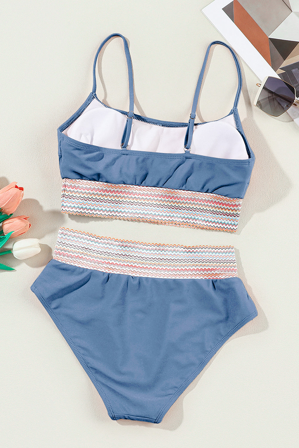 Dusk Blue Colorful Stitch Border Detail 2pcs High Waist Bikini Swimsuit 🇺🇸