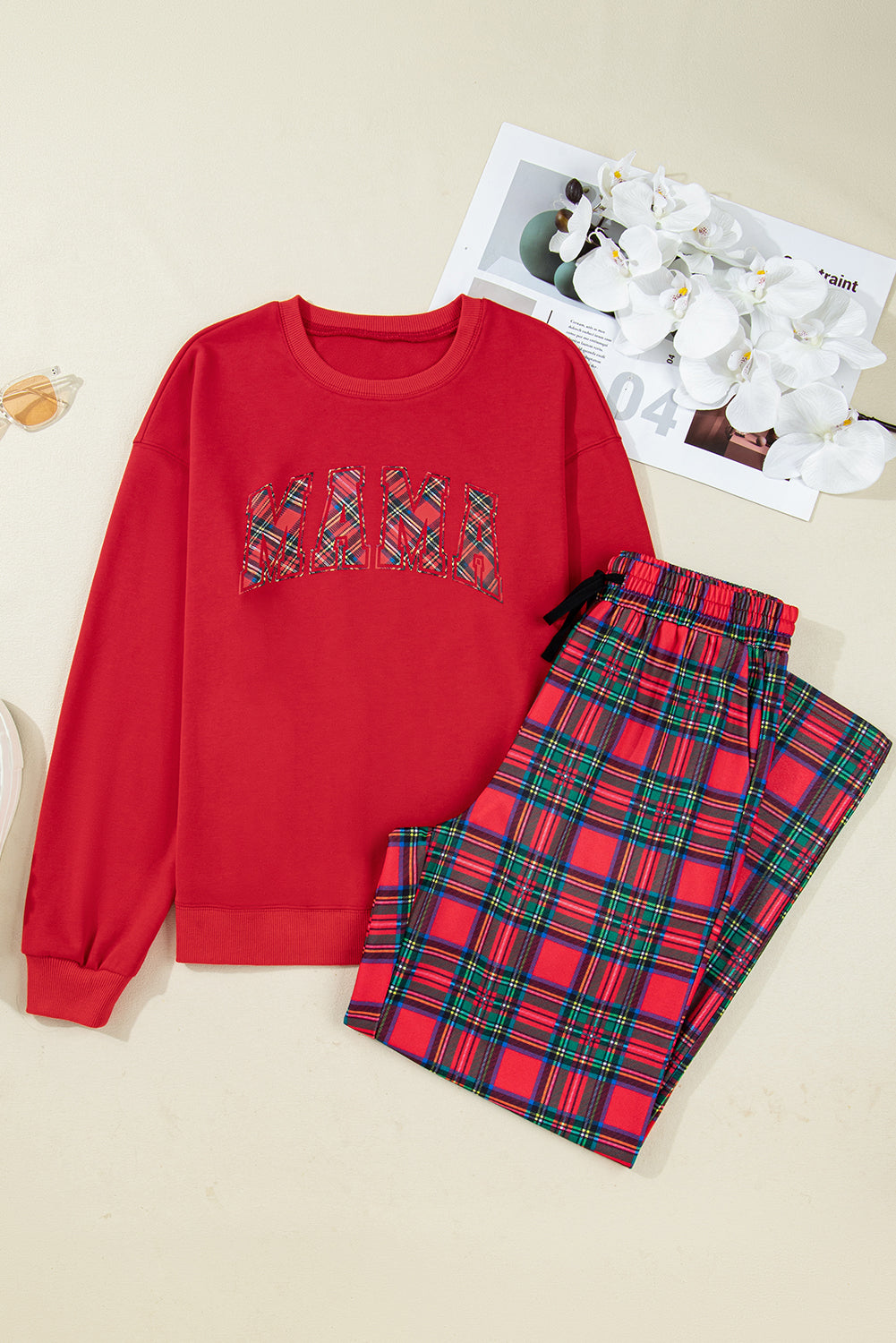 Red Plaid Mama Graphic Christmas Holiday Crewneck Pullover and Pants Two Piece Loungewear 🇺🇸