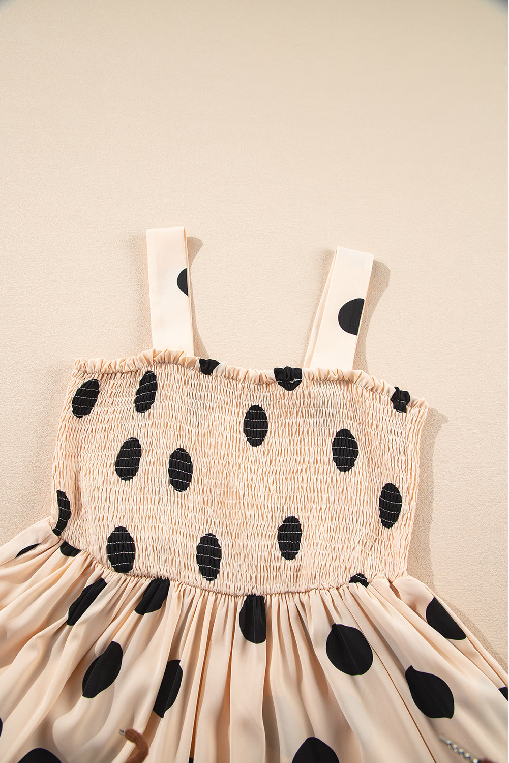 Oatmeal Polka Dot Smocked Fit Flared Sleeveless Long Dress 🇨🇳