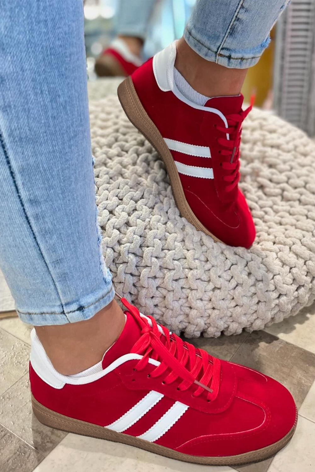 Fiery Red Vintage Striped Patchwork Lace-up Flat Shoes 🇺🇸