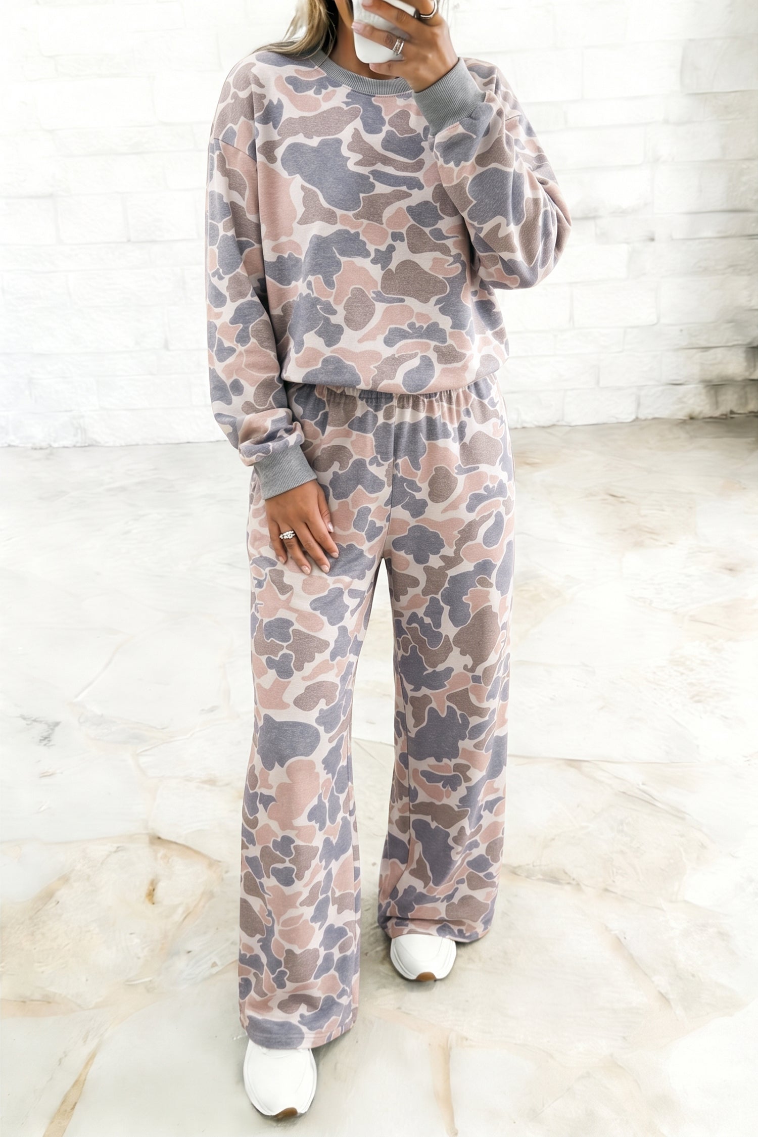 Multicolour Camouflage Print Long Sleeve Top Loose 2pcs Pants Set 🇺🇸