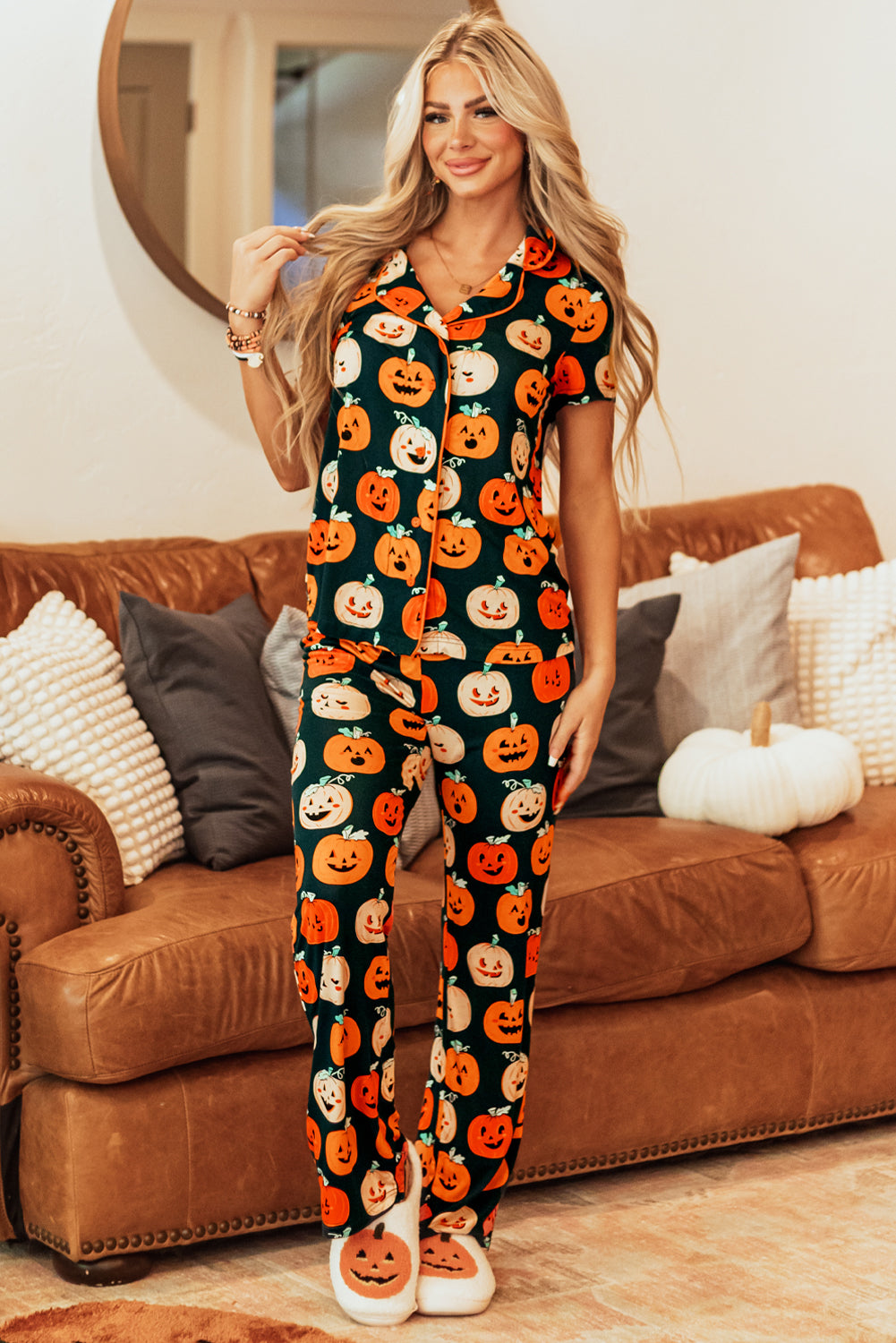 Orange Halloween Pattern Short Sleeve Shirt Pajama Set 🇺🇸