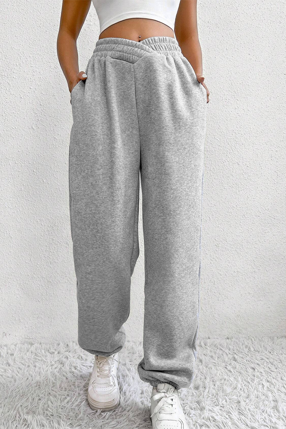 Light Grey Solid Color Crisscross Elastic Waist Sweatpants 🇺🇸