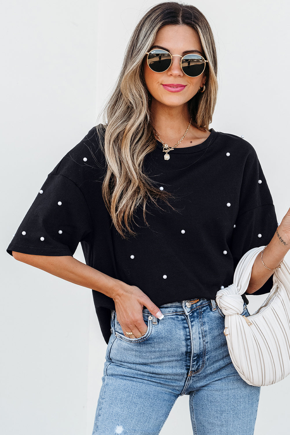 Black Pearl Beaded Drop Shoulder Crewneck T Shirt 🇨🇳
